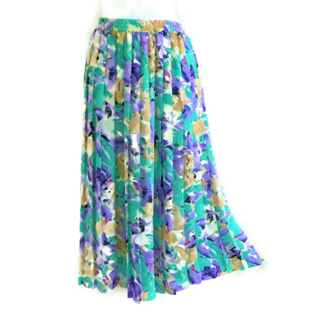 Vintage 80s Skirt Midi Floral Accordion Pleated